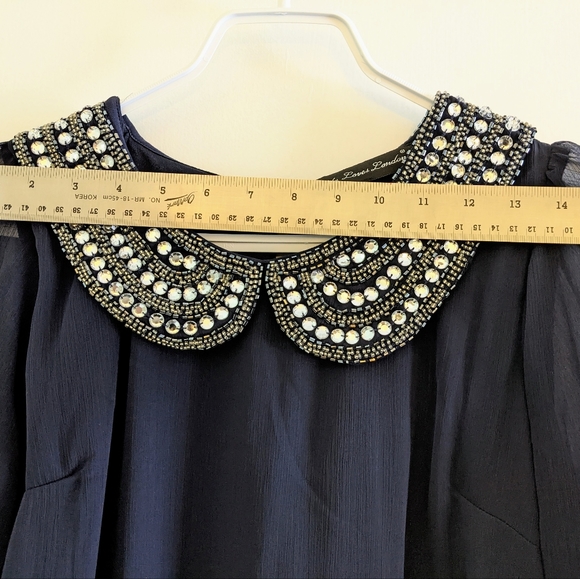 Navy party dress/ tunic with sparkly embellished collar. - Picture 2 of 8